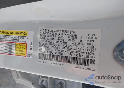 2022 Honda Civic Lx из США, поврежденный, VIN 2HGFE2F21NH545564